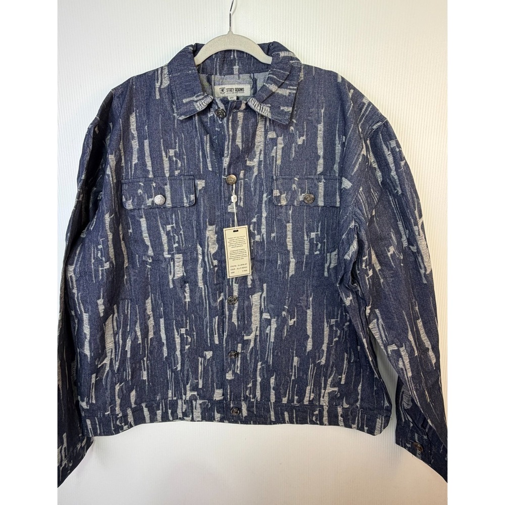 Stacy Adams Mens XXL Indigo Jacquard Denim Jacket Distressed Look Trucker
